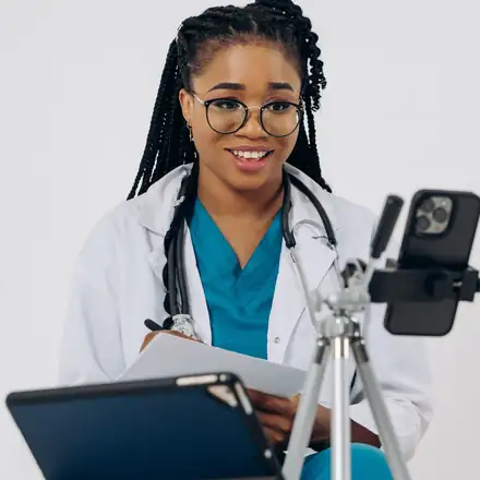 A clinician with a tablet getting ready for a telehealth visit
