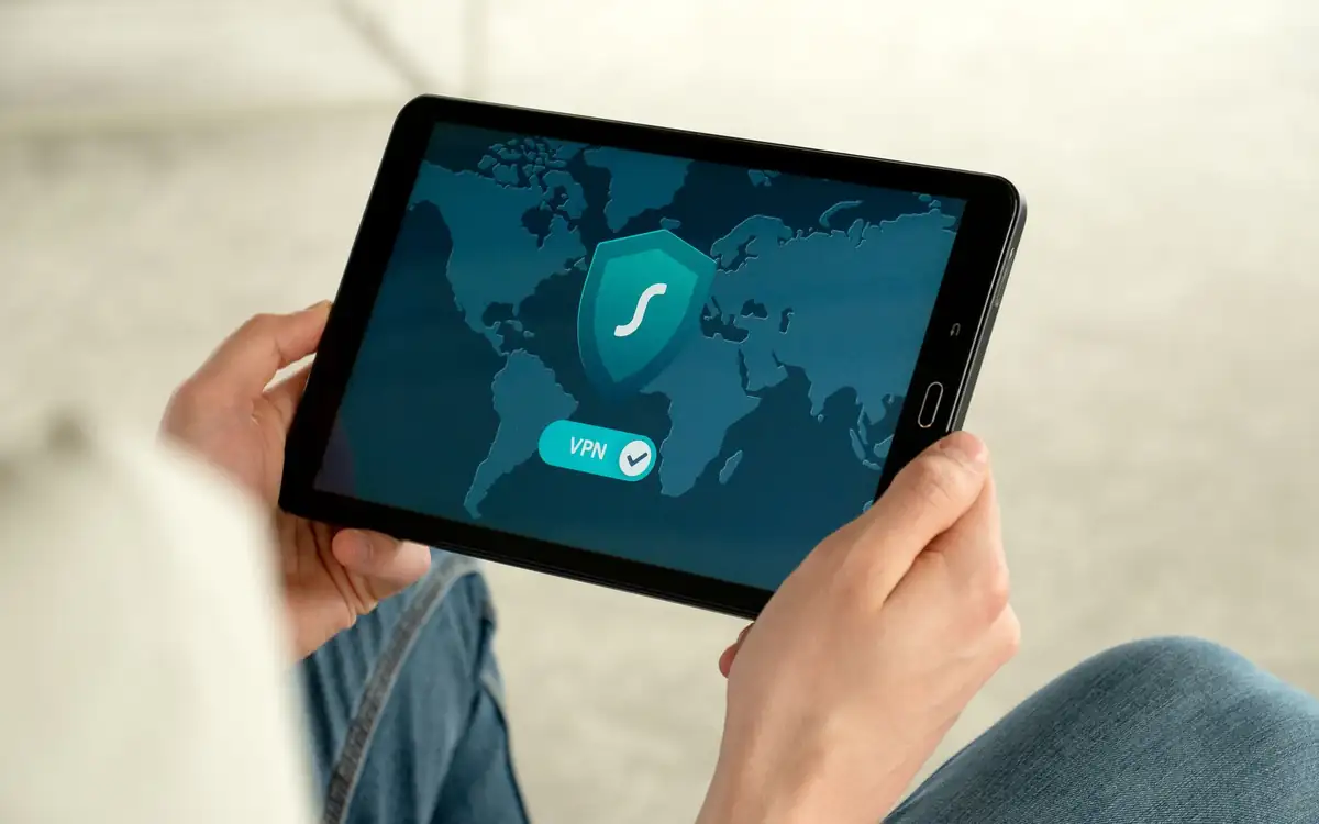 A tablet showing a security shield